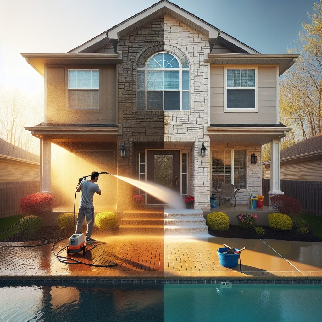 Pressure Washing. American suburban house facade, front view, spring daytime, warm sunlight, swimming pool in the foreground, clear and reflective water, freshly cleaned paving stones, vibrant visuals, one side neglected and dirty, vivid color contrast between clean and dirty.