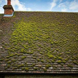 Roof Moss Removal & Treatment: Protecting Your Home the Right Way. house, moss-covered roof, captured in photographic detail.